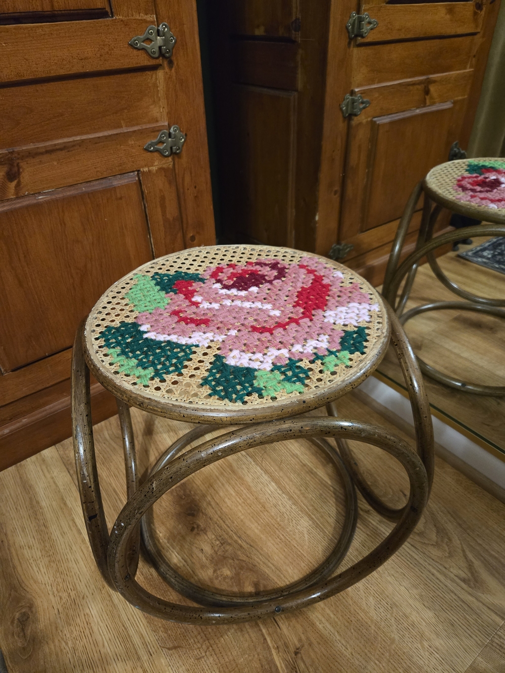 Cross Stitch Vintage MCM Cane wicker Footstool Mid Century Modern